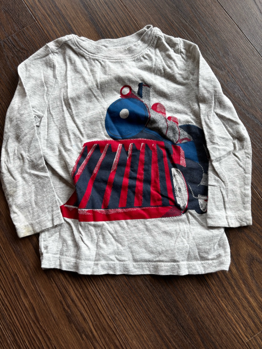 Old Navy Gray Long Sleeve Tee with Red and Blue Train Graphic
